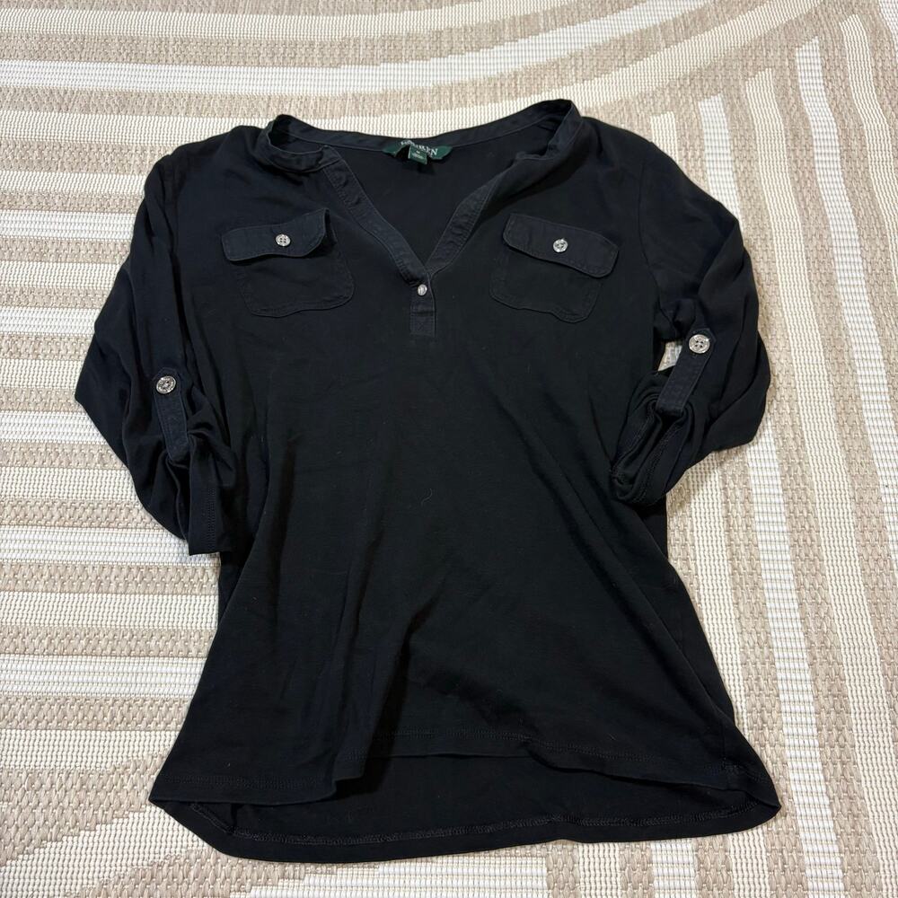 Lauren Ralph Lauren Women's Medium Black 3/4 Sleeve Workwear Blouse Whimsygoth